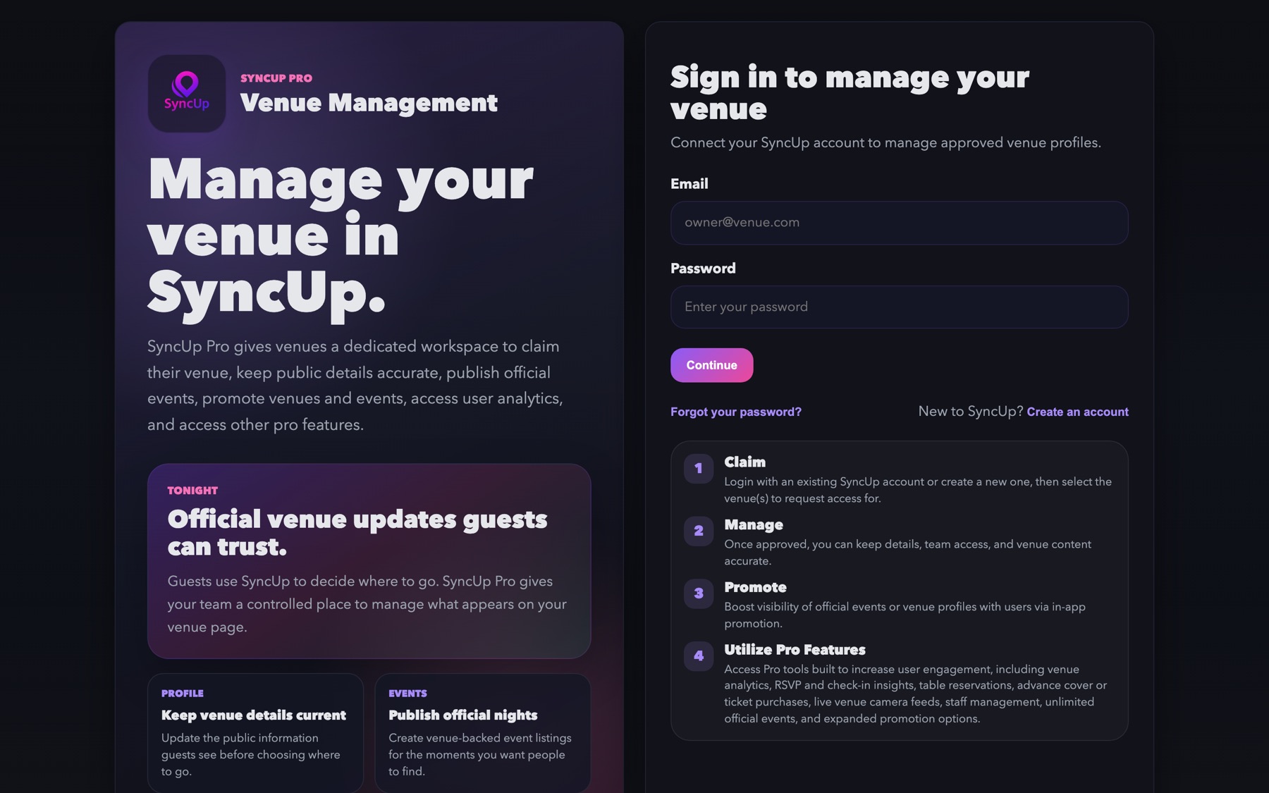SyncUp Pro Venue Management dashboard showing the sign-in panel and the claim, manage, promote, and Pro features workflow.